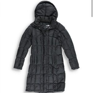 North face down feather long puffer coat, black, detachable hood